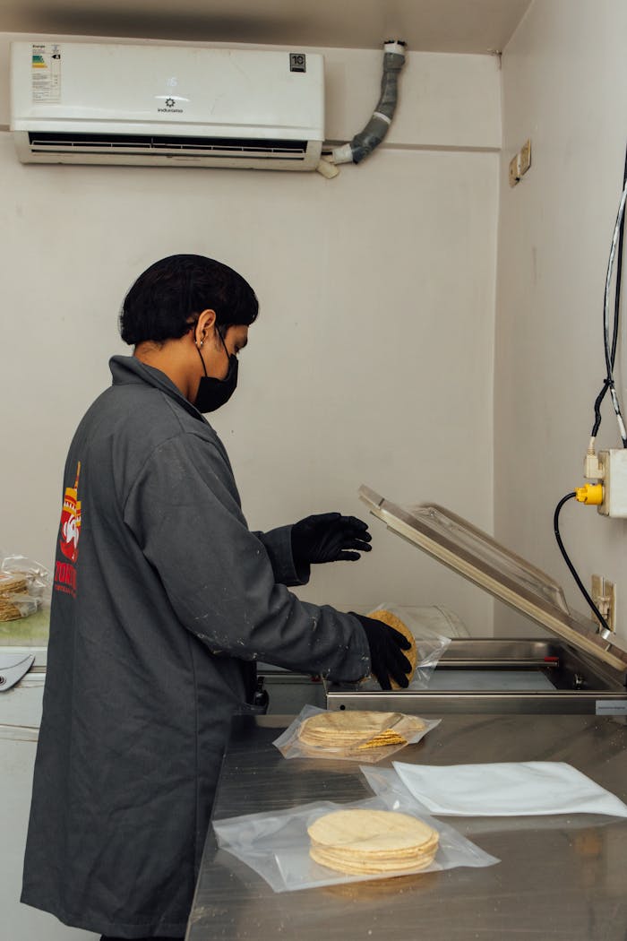 An employee safely vacuum-sealing tortillas in a food packaging area, ensuring hygiene and quality.